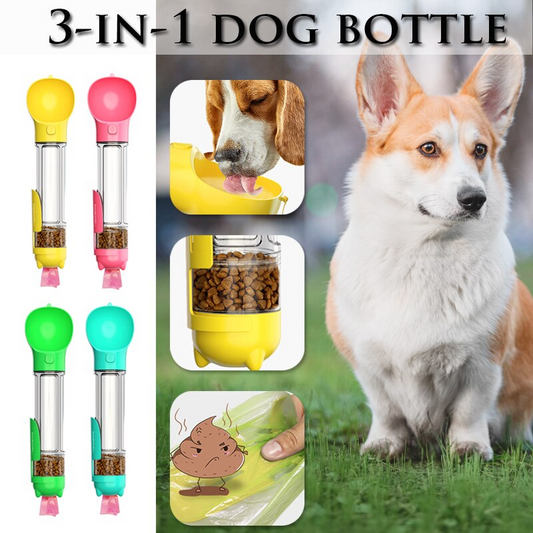 Portable Cat Dog Water Bottle Food Feeder Drinking Poop Dispenser 3 In 1